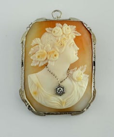 14Kt DIAMOND RECTANGULAR FEMALE CAMEO BROOCH BAT WING An outstanding vintage 14kt White Gold Hand