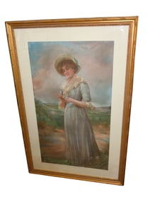 PASTEL YOUNG WOMAN PICKING DAISIES PORTRAIT PAINTING An impressive antique Pastel Young Woman