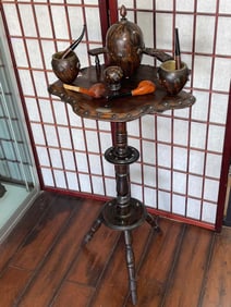 MIDCENTURY TROPICAL HARDWOOD PIPE AND TOBACCO STAND w/ FLORAL ROSETTES, TIGERWOOD & MAHOGANY This