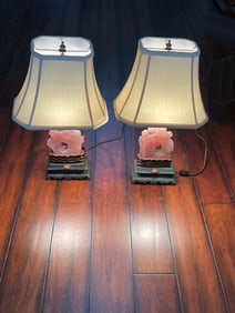 Pr of 19C CHINESE CARVED ROSE QUARTZ PEACOCK LAMPS, QING DYNASTY An impressive pair of richly