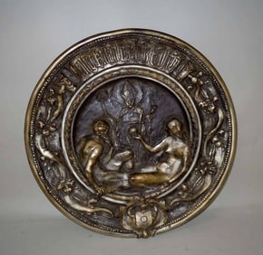 1897 ALLEGORICAL ADAM & EVE GARDEN OF EDEN BRONZE CHARGER 21 in. Monumental 19th Century European