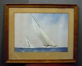 LEON HAFFNER FRENCH SAILBOAT IN REGATTA PAINTING FRANCE DETAILS: - ARTIST: Leon Haffner French,