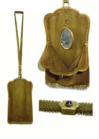14Kt GOLD SEED PEARL SAPPHIRE CLASP LADIES MESH PURSE 121 Gr. Rare Antique 14kt Gold Seed Pearl