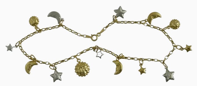 14K YELLOW & WHITE GOLD SUN MOON & STARS ANKLE CHARM BRACELET, TWO TONE Two Tone 14K Yellow &
