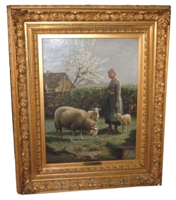 BEUL OIL PAINTING SHEEPHERDER W SHEEP 19c BELGIUM, oil on canvas signed H. D Beul 1884 (lower left),
