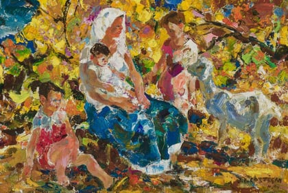 JOHN EDWARD COSTIGAN OIL PAINTING MOTHER & CHILDREN with LAMB American, 1888-1972 Mother and