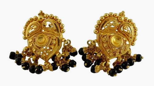 22KT GOLD ONYX BEAD ETRUSCAN STYLE DANGLE STUD EARRINGS An Absolute Stunning Pair Of 22kt Gold