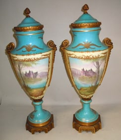 Pr FRENCH SEVRES STYLE PORCELAIN VASES IN CELESTE BLUE Large an impressive pair of Sevres style