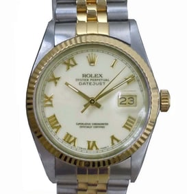 18K/SS ROLEX 16013 DATEJUST ROMAN CREAM DIAL Box Papers Men's 18k Gold and Stainless Steel Rolex