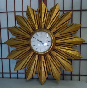 SMITHS GILT WOOD SUNBURST BRITISH WALL CLOCK STARBURST A Mid Century Art Deco Smiths 8 Day