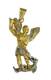 14K GOLD ARCHANGEL SAINT MICHAEL SLAYING DRAGON PENDANT w 8MM CUBAN NECKLACE A Stunning Solid Two