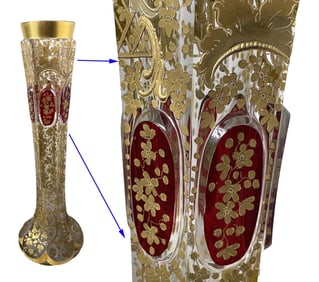 C1880 BOHEMIAN PANEL-CUT GLASS VASE, CRANBERRY TO CLEAR ATTRIB to HARRACH GLASSWORKS or MOSER,