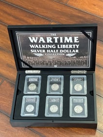 WWII WARTIME WALKING LIBERTY SILVER HALF DOLLAR COLLECTION w/ PRESENTATION 8 Coins in all, graded