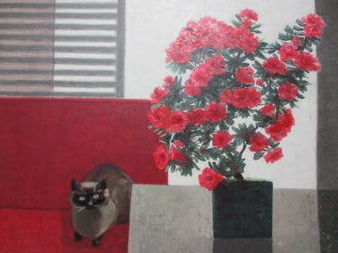 VINCENTE VIUDES OIL PAINTING AZALEAS By WINDOW w CAT DETAILS: - ARTIST: Vincente Viudes -