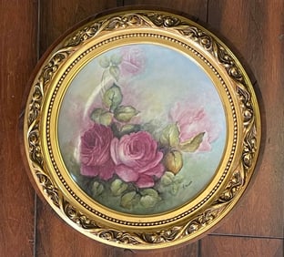 HAND PAINTED PINK & RED ROSES PORCELAIN CHARGER Signed A J ANCHIN GILT WOOD FRAME A Splendid Hand