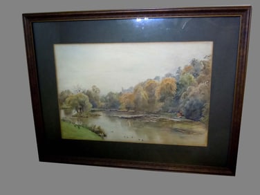 NYC CENTRAL PARK AUTUMN POND SCENE WATERCOLOR Ca. 1920 NYC Central Park Autumn Pond Scene
