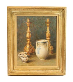 DINES CARLSEN OIL PAINTING FLORTINE CANDLESTICKS VASE Dines Carlsen American, 1901 - 1966 Still
