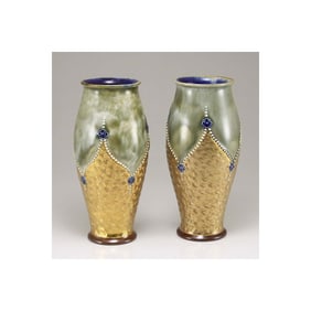 EARLY COBALT GILT SWIRL ROYAL DOULTON POTTERY VASE Rare and unusual rare pair of Arts and Crafts