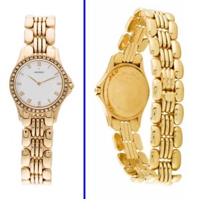 LADIES MOVADO CLASSIC 75-25-840 14K GOLD DIAMOND BEZEL WHITE ROMAN DIAL WATCH with a Swiss quartz