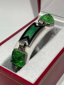 ART DECO STERLING SILVER GRIPOIX GLASS & ENAMEL BRACELET circa 1930,BR> Decorated with green and