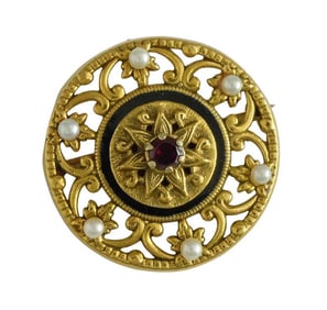 19C VICTORIAN 14K GOLD, BLACK ENAMEL, GARNET & PEARL PIERCED CIRCLE BROOCH A Fine 19th Century