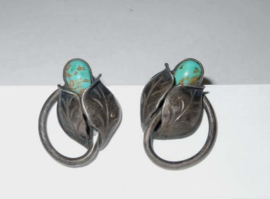 GEORG JENSEN TURQUOISE FLORAL FORM EARRINGS in SILVER An outstanding vintage Pair of Art Nouveau
