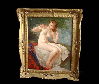 SZANTHO MARIA YOUNG SEATED FEMALE NUDE OIL PAINTING Startled female nude oil painting, mounted in