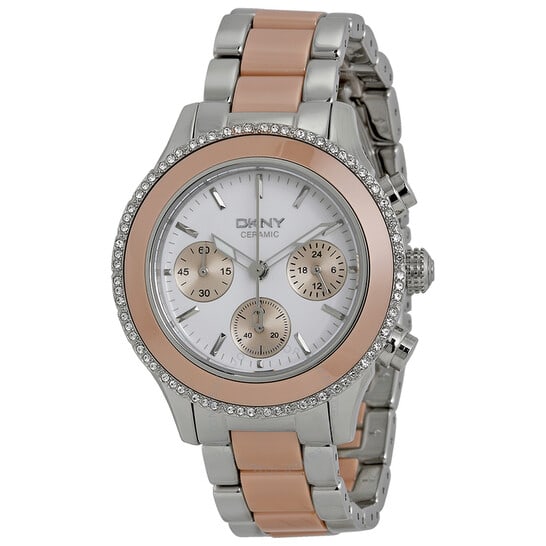DKNY WESTSIDE CERAMIC CHRONOGRAPH WHITE DIAL LADIES WATCH NY8824 Stainless steel case with a: DKNY WESTSIDE CERAMIC CHRONOGRAPH WHITE DIAL LADIES WATCH NY8824 Stainless steel case with a stainless steel bracelet and rose gold ceramic center. Fixed silver-tone bezel with rose gold ceramic top