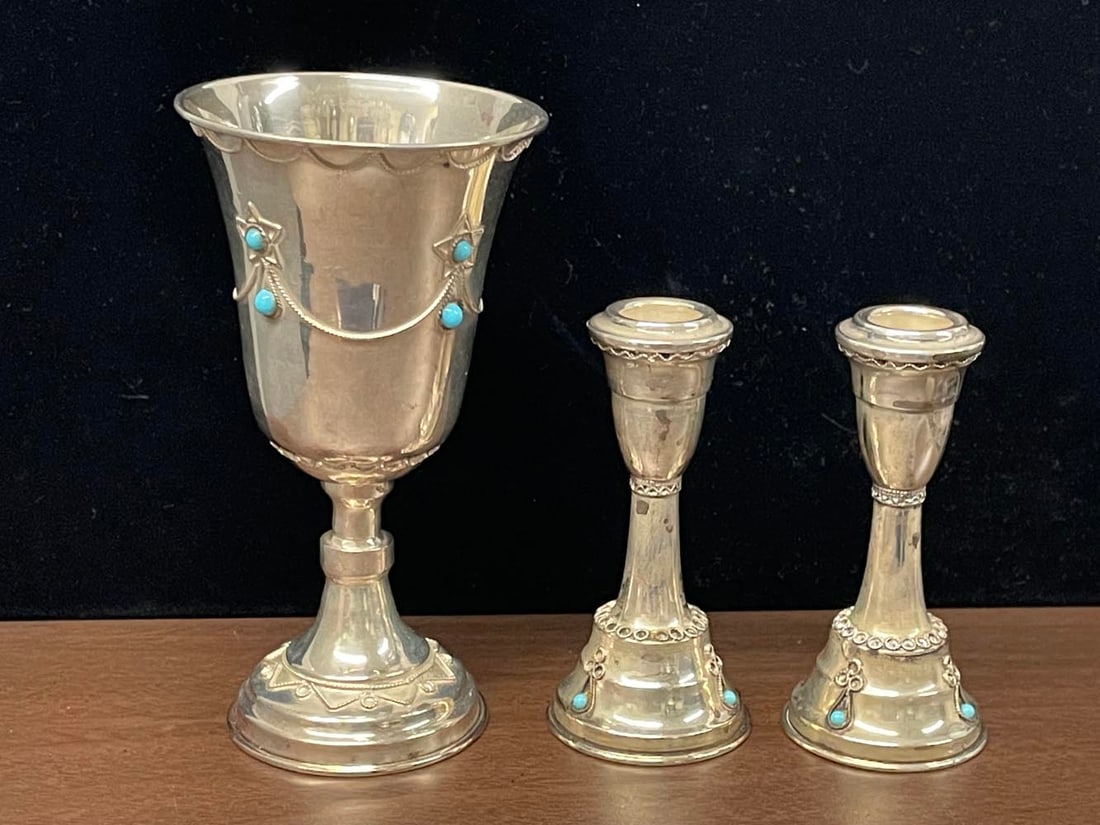 STERLING SILVER TURQUOISE KIDDUSH CUP MATCHING SHABBAT CANDLESTICKS SET;    Marked; 'ST925',adorned (1 of 4)