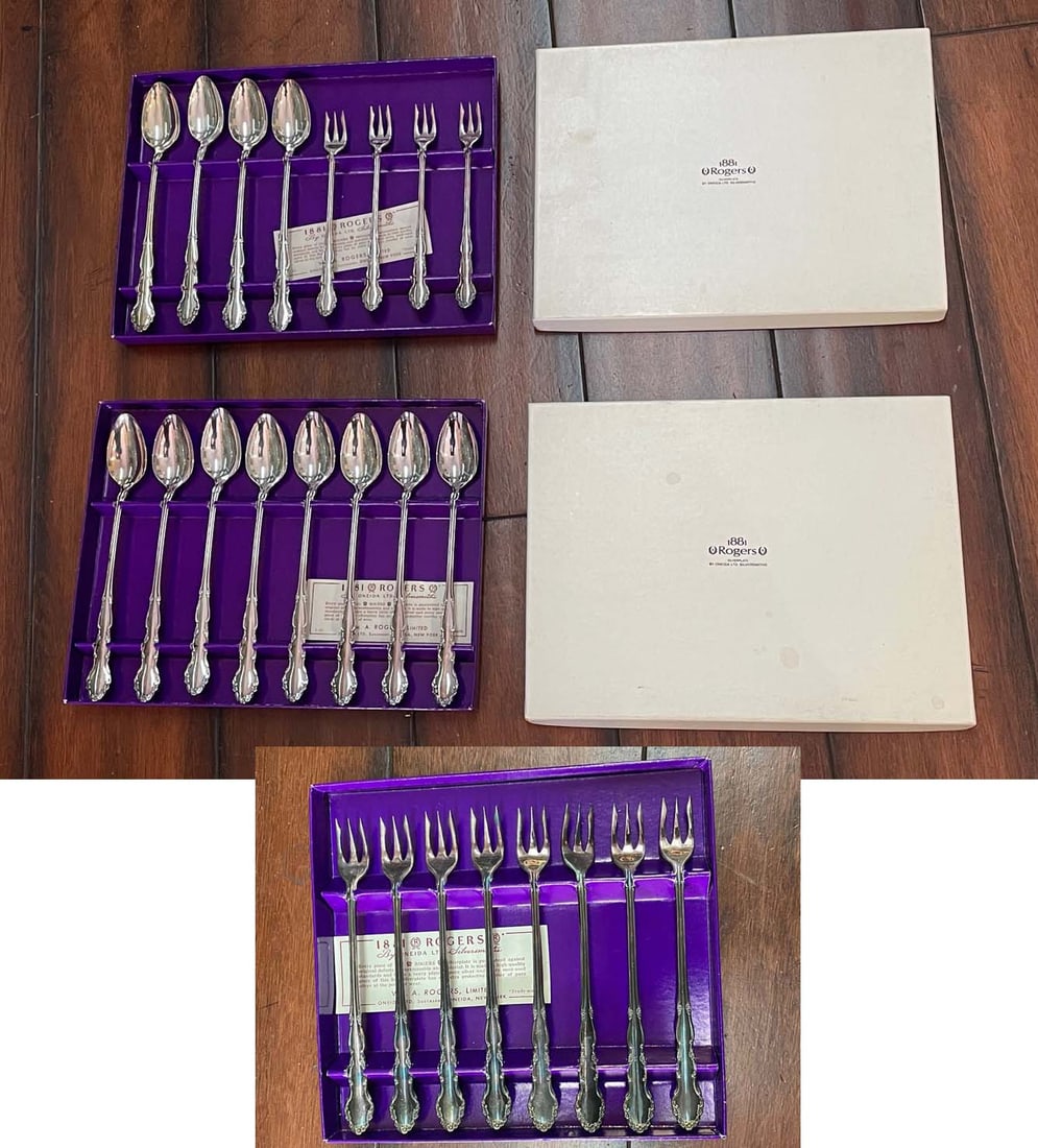 12 ONEIDA ROGERS SILVERPLATE DELUXE COCKTAIL SEAFOOD FORKS & ICE TEA TALL DRINK SPOONS w/ box (1 of 9)
