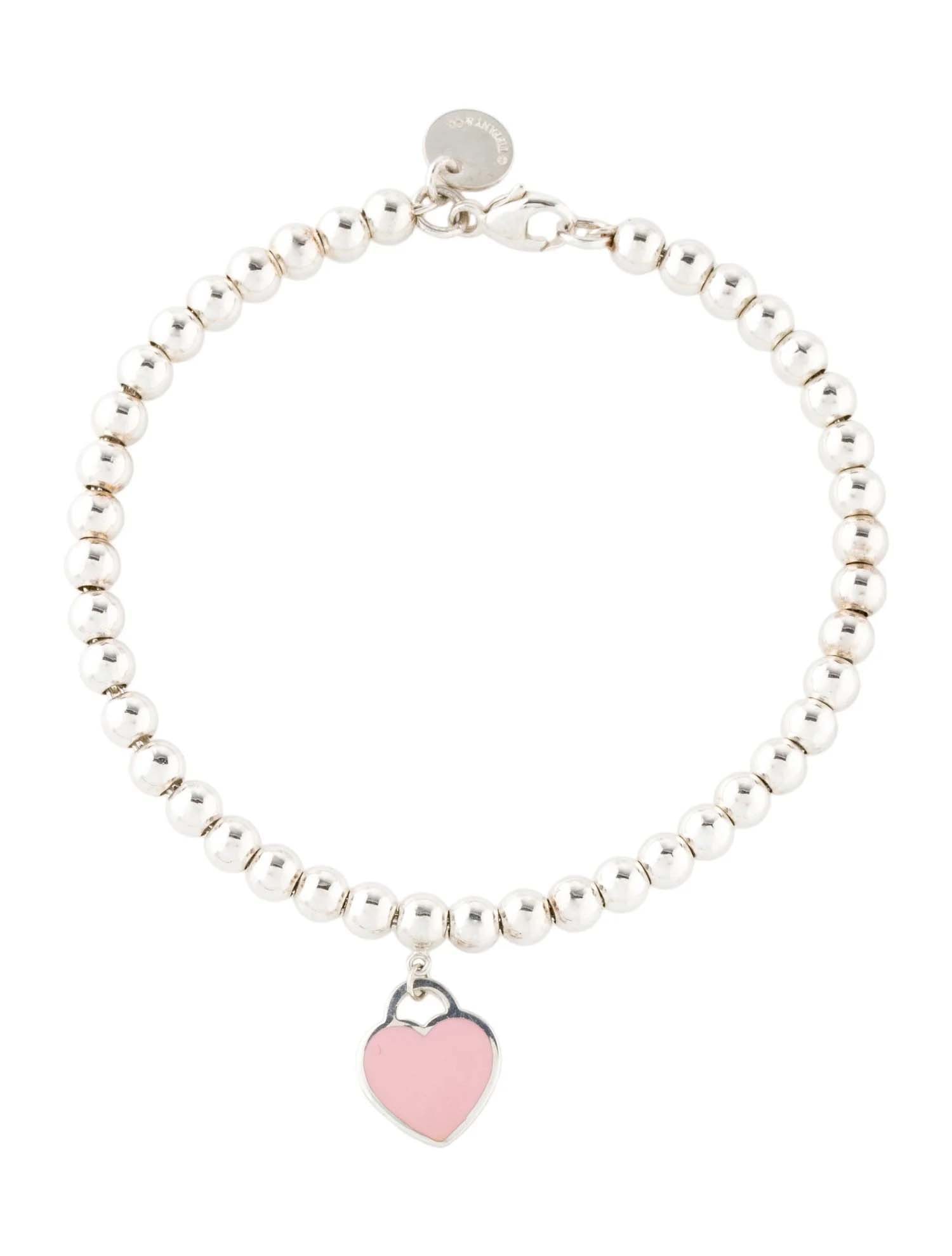 RETURN to TIFFANY SILVER PINK ENAMEL HEART TAG CHARM BRACELET, 4mm BALL BEAD    An outstanding (1 of 7)