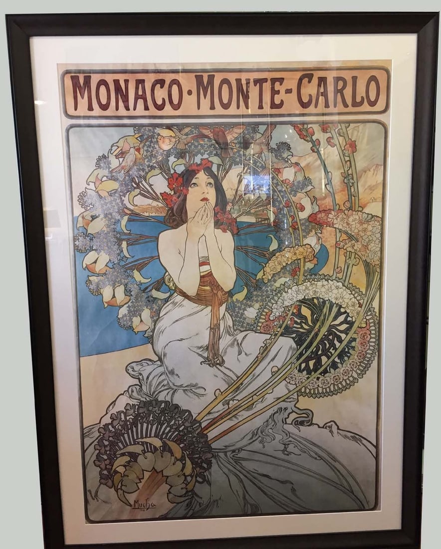 ALPHONSE MUCHA Re-Print of MONACO MONTE CARLO POSTER, 4th 20th Cent. An outstanding vintage: ALPHONSE MUCHA Re-Print of MONACO MONTE CARLO POSTER, 4th 20th Cent. An outstanding vintage Alphonse Mucha re-print of Monaco Monte Carlo Poster, circa last quarter 20th Cent, vivid colorful amazing