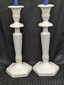 LENOX BUTLER'S PANTRY CANDLESTICK HOLDERS WHITE, DISCONTINUED ITALIAN CREAMWARE NEO-CLASSICAL 13 IN.