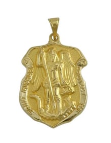 HIGH RELIEF HOLLOW 14K GOLD SAINT MICHAEL PROTECT US PENDANT CHARM    High Relief Hollow 14K Gold