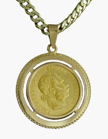 1915 AUSTRIAN 10 CORONA GOLD Restrike COIN PENDANT on a CUBAN LINK CHAIN NECKLACE