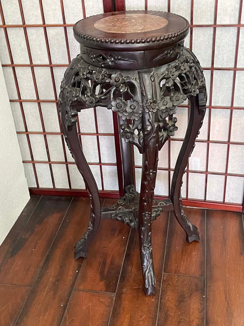 (19th c) CHINESE QING CARVED HARDWOOD MARBLE TOP PLANT STAND    19TH CENTURY CHINESE HARDWOOD AND (1 of 8)