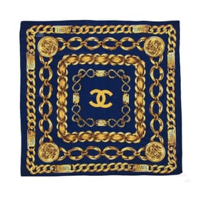CHANEL SILK SCARF BLUE GOLD CHAIN LINKS