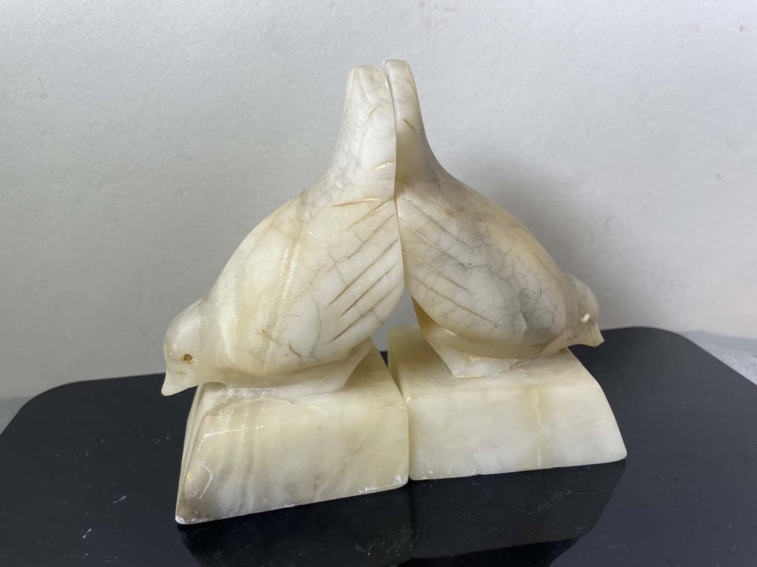 CARVED ALABASTER BIRD BOOKENDS    Rich natural veining in the alabaster complements the high relief (1 of 6)