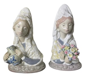 LLADRO 5669 & 5670 VALENCIA WOMAN w/ PITCHER & BOUQUET FLOWERS FIGURINE WEARING LACE MANTILLA     -