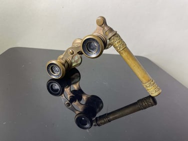 OPERA GLASSES BINOCULARS WITH SWIVEL HANDLE MOTHER OF PEARL MOP     An antique brass 19th century