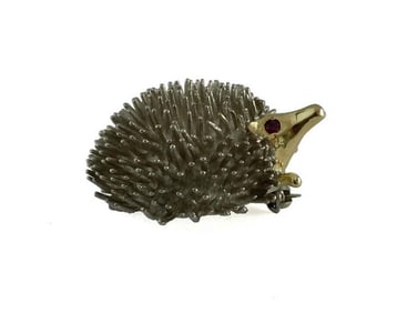 STERLING SILVER & 14K YELLOW GOLD PORCUPINE PIN BROOCH WITH RUBY EYES    A Fantastic Sterling Silver