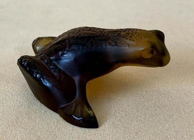 LALIQUE JUMPING FROG SMOKED AMBER ART GLASS PAPERWEIGHT    Authentic vintage LALIQUE Jumping Frog