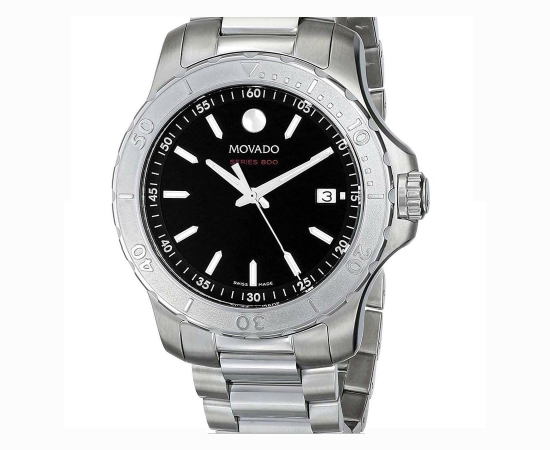 MOVADO SERIES 800 BLACK DIAL STAINLESS WATCH 2600115 A Handsome Men's MOVADO 2600115 SERIES 800: MOVADO SERIES 800 BLACK DIAL STAINLESS WATCH 2600115 A Handsome Men's MOVADO 2600115 SERIES 800 BLACK DIAL Date Watch, with a Swiss quartz moment, signed 50 meters / 165 feet water resistant screw do