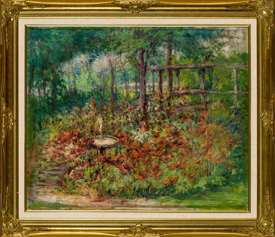 HARRIETTE BOWDOIN 'THE GARDEN' OIL PAINTING BIRD BATH FOUNTAIN LANDSCAPE - ARTIST: Harriette: HARRIETTE BOWDOIN 'THE GARDEN' OIL PAINTING BIRD BATH FOUNTAIN LANDSCAPE - ARTIST: Harriette Bowdoin - ORIGIN: American, 1880 - 1947 - TITLE: The Garden - MEDIUM: Oil on Canvas - SIGNED: Harriette Bo