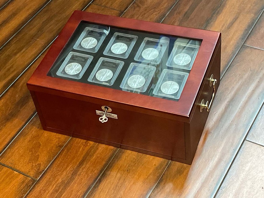 AMERICAN EAGLE, MORGAN & PEACE SILVER DOLLAR COLLECTION W/ MAHOGANY PRESENTATION BOX     This lot (1 of 6)