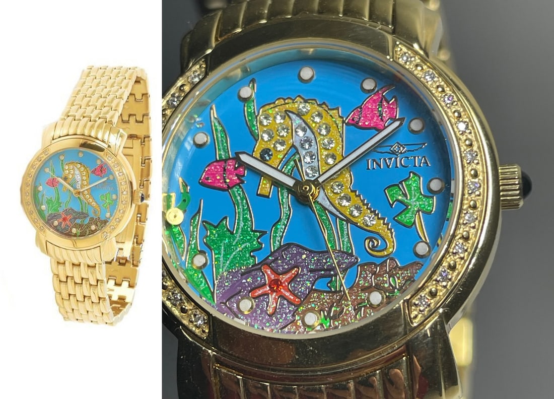 LADYS INVICTA 6377 UNDERSEA WATCH SEAHORSE STARFISH TROPICAL FISH A gold tone stainless steel,: LADYS INVICTA 6377 UNDERSEA WATCH SEAHORSE STARFISH TROPICAL FISHA gold tone stainless steel, quartz movement, 100m water resistant screw down case, sapphire cabochon crown, crystal adorned bezel, col