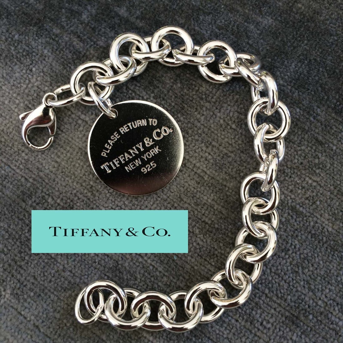 PLEASE RETURN TO TIFFANY STERLING SILVER CIRCLE TAG CHARM BRACELET w/ BOX & POUCH   Comes (1 of 6)