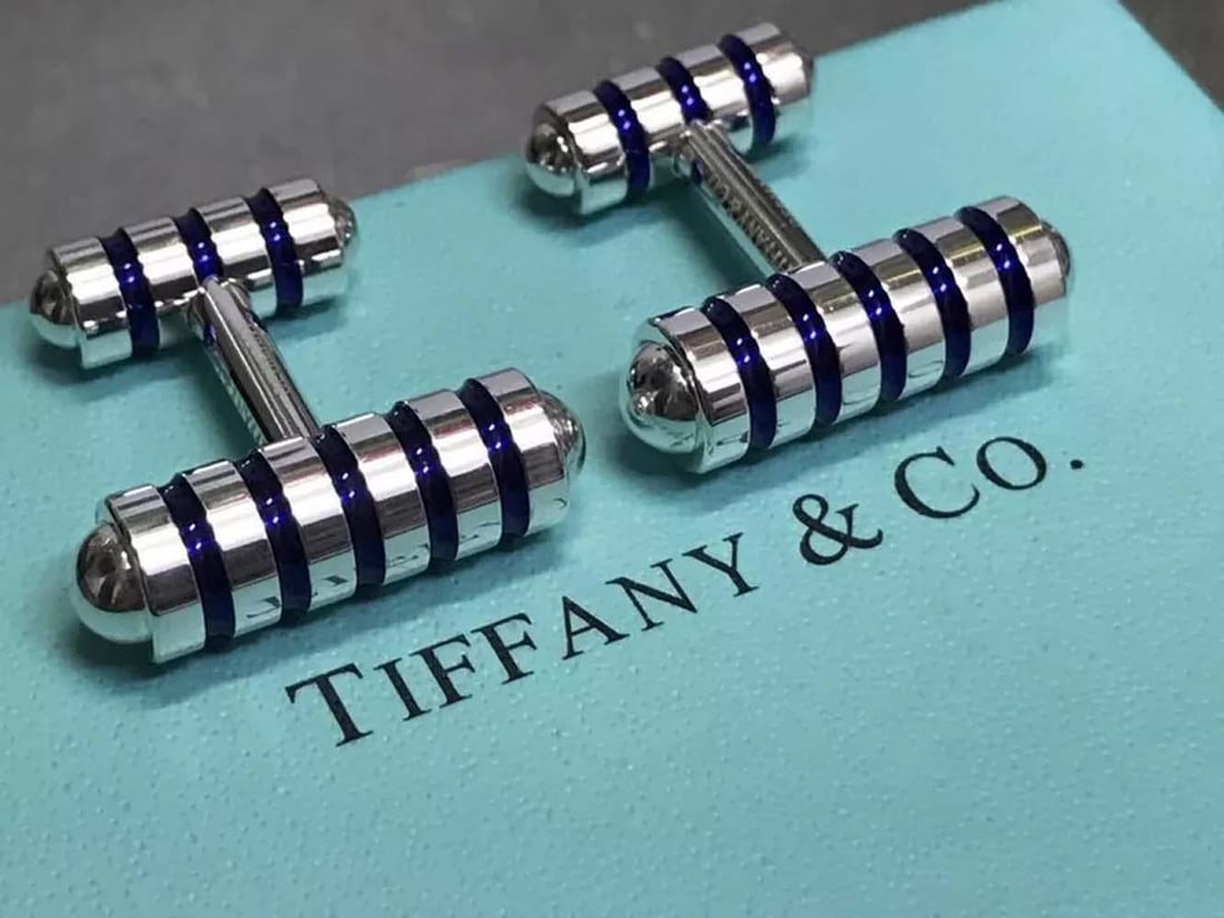 TIFFANY & CO. GROOVE PALOMA PICASSO CUFFLINKS SILVER BLUE ENAMEL w/BOX & POUCH   Marked, ''TIFFANY (1 of 7)