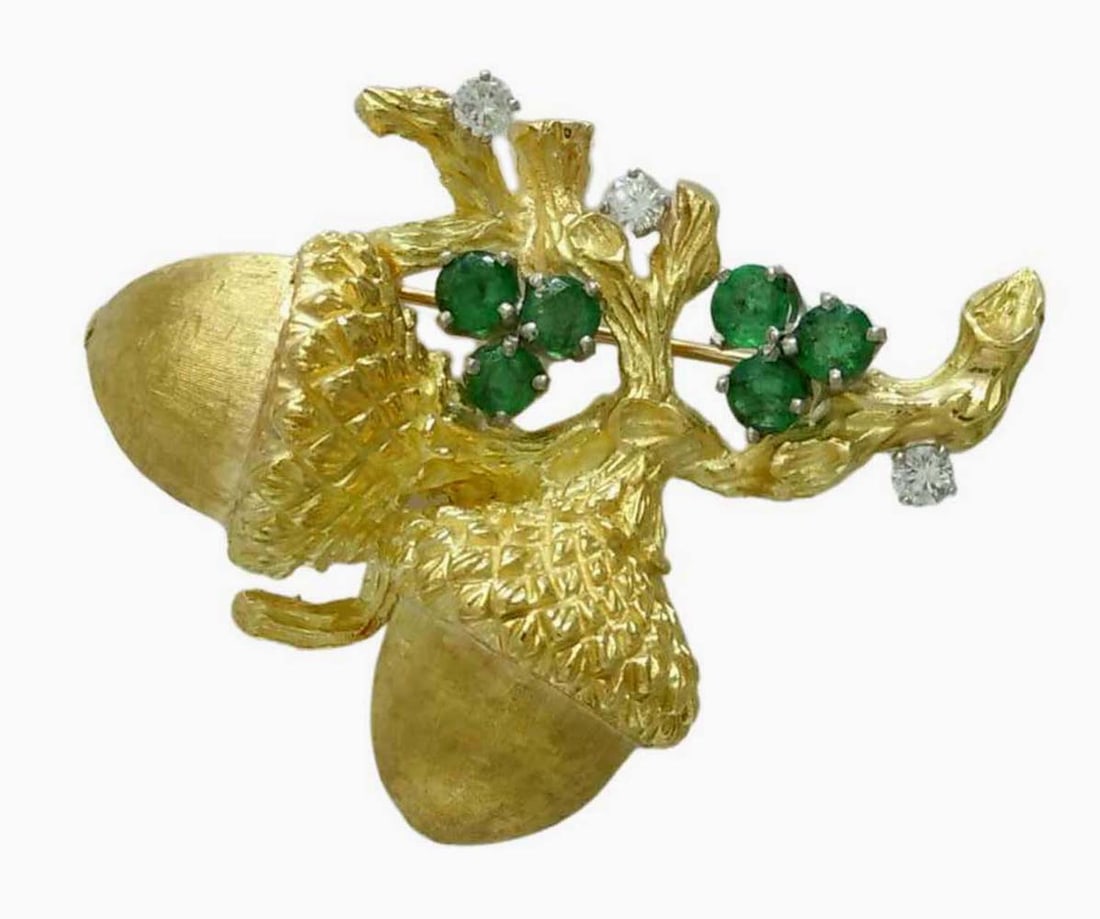 A SATIN & BARK FINISH 18K GOLD DIAMOND & EMERALD ACORN BROOCH PIN 19.2 GR.   Marked, (1 of 6)