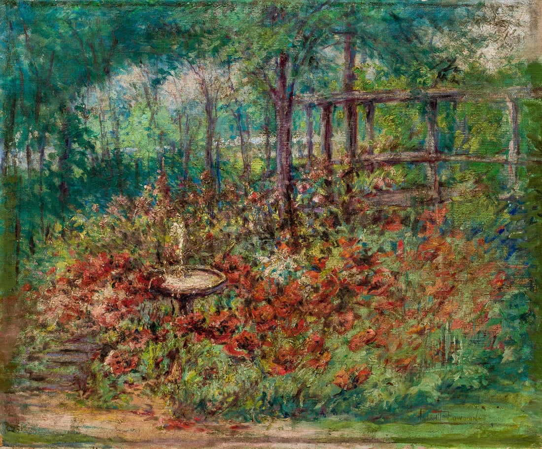 HARRIETTE BOWDOIN 'THE GARDEN' OIL PAINTING BIRD BATH FOUNTAIN LANDSCAPE - ARTIST: Harriette: HARRIETTE BOWDOIN 'THE GARDEN' OIL PAINTING BIRD BATH FOUNTAIN LANDSCAPE - ARTIST: Harriette Bowdoin - ORIGIN: American, 1880 - 1947 - TITLE: The Garden - MEDIUM: Oil on Canvas - SIGNED: Harriet